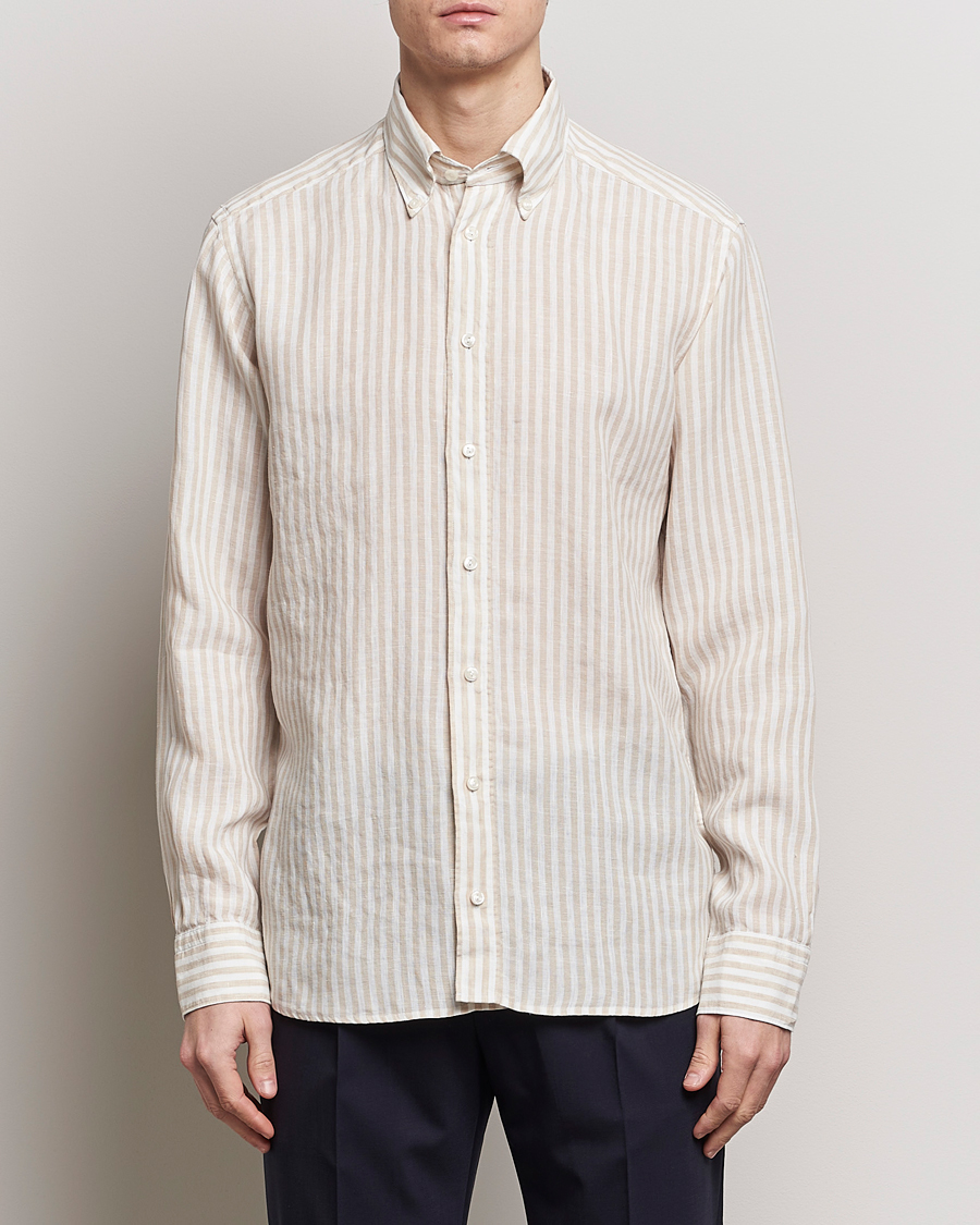 Herren | Hemden | Eton | Slim Fit Striped Linen Shirt Beige/White