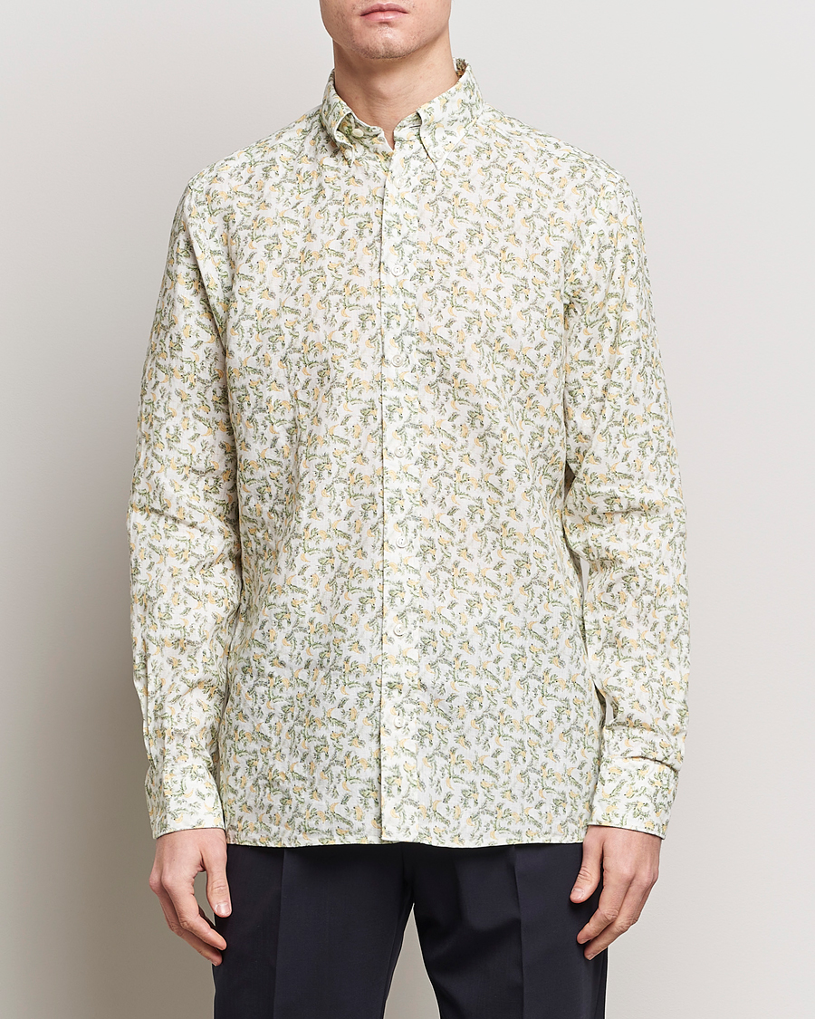 Herren | Business & Beyond | Eton | Contemporary Fit Printed Linen Shirt Green Banana