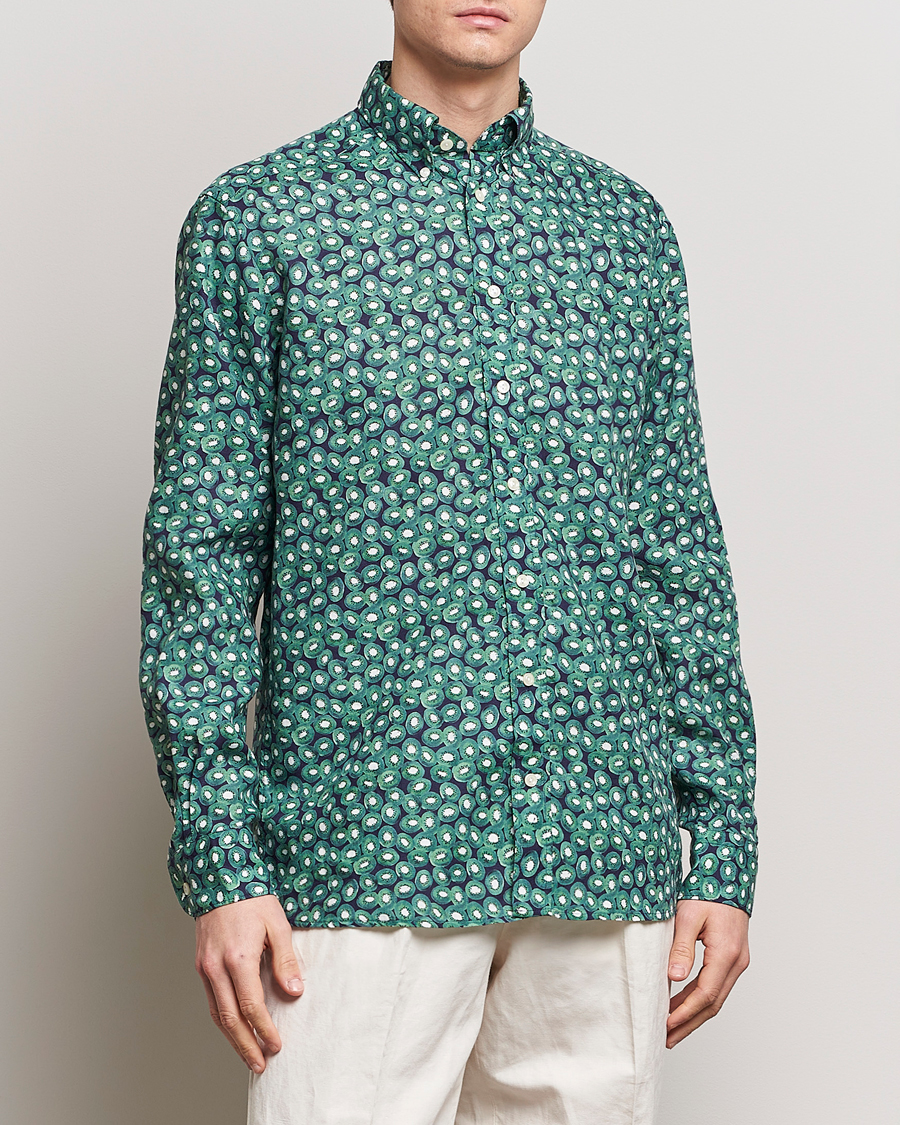 Herren | Leinenhemden | Eton | Contemporary Fit Printed Linen Shirt Green Kiwi