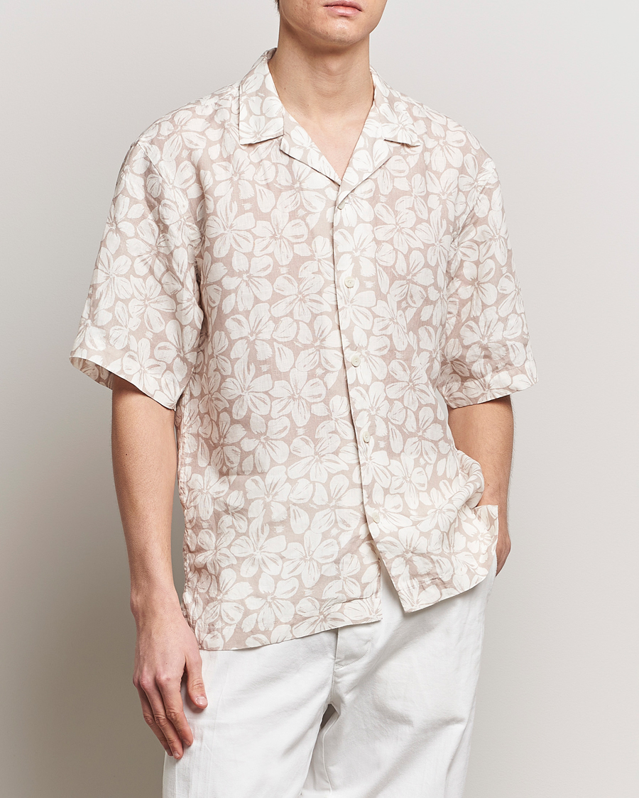 Herren | Eton | Eton | Printed Floral Linen Resort Shirt Beige