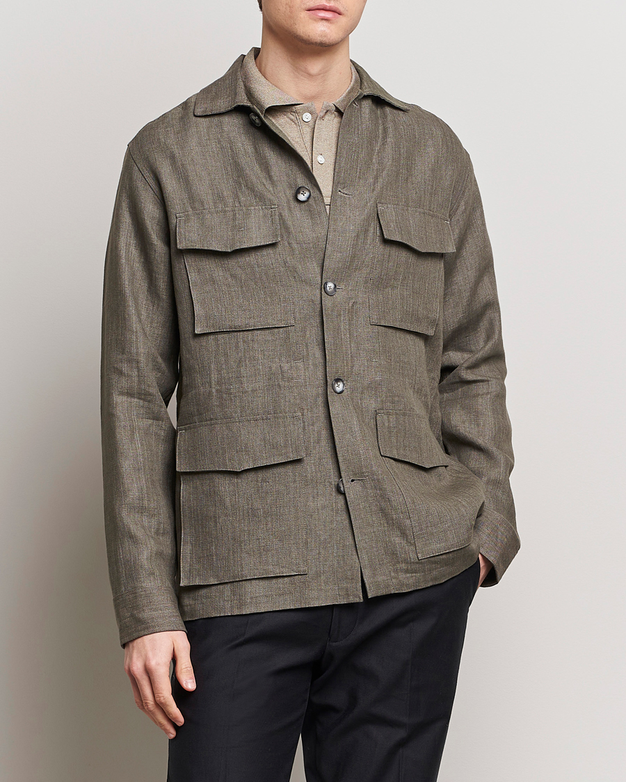 Herren | Jacken | Eton | Heavy Linen Drawstring Field Jacket Dark Green