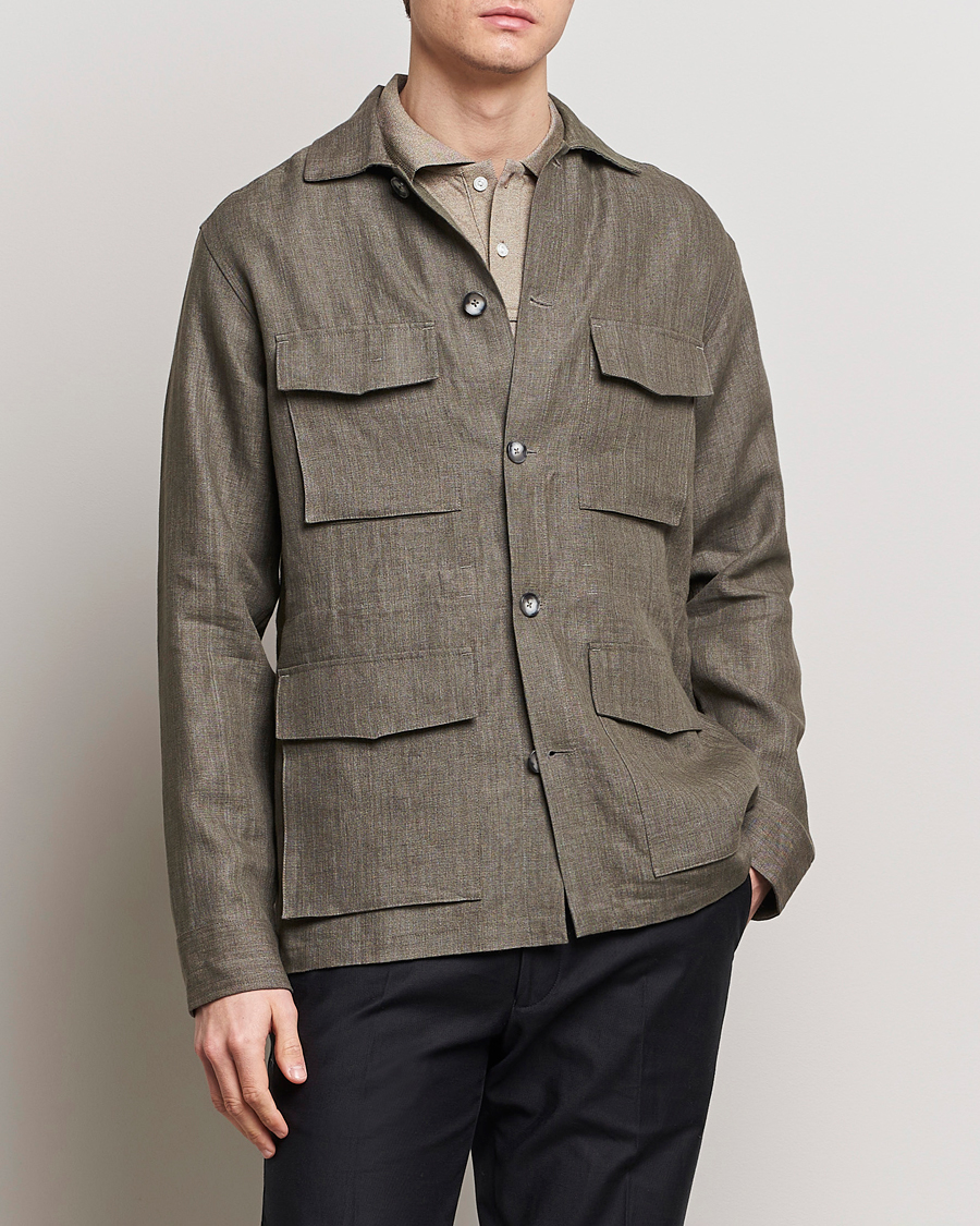 Herren | Frühlingsjacken | Eton | Heavy Linen Drawstring Field Jacket Dark Green