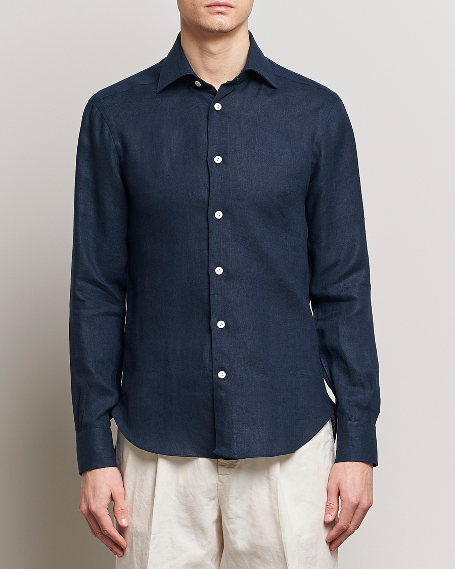 Herren | Quiet Luxury | Kiton | Linen Sport Shirt Navy