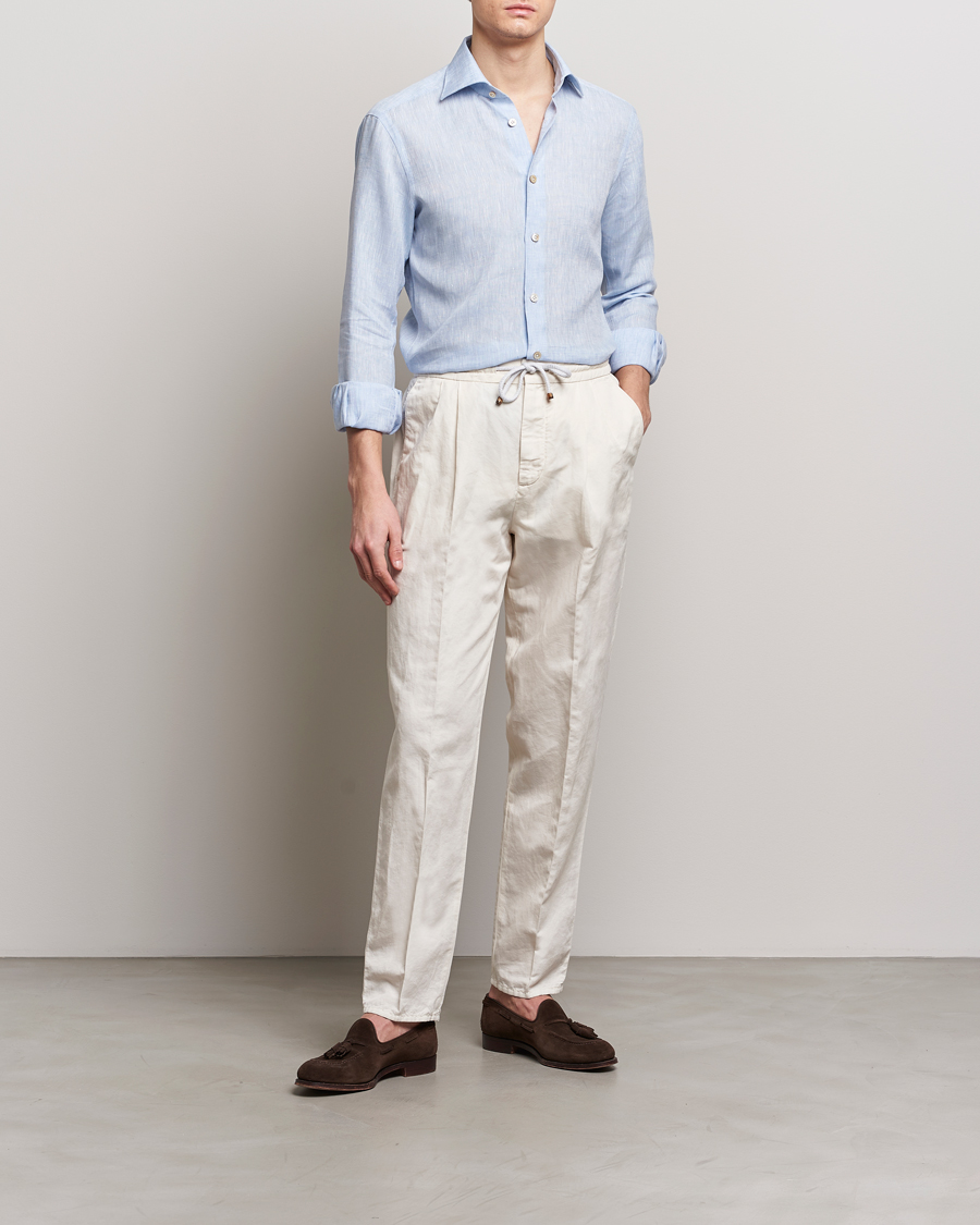 Herren | Hemden | Kiton | Linen Sport Shirt Light Blue