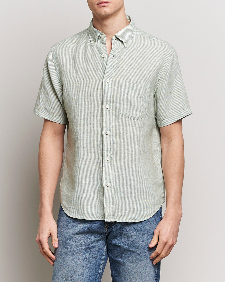 Herren |  | GANT | Regular Fit Striped Linen Short Sleeve Shirt Green/White