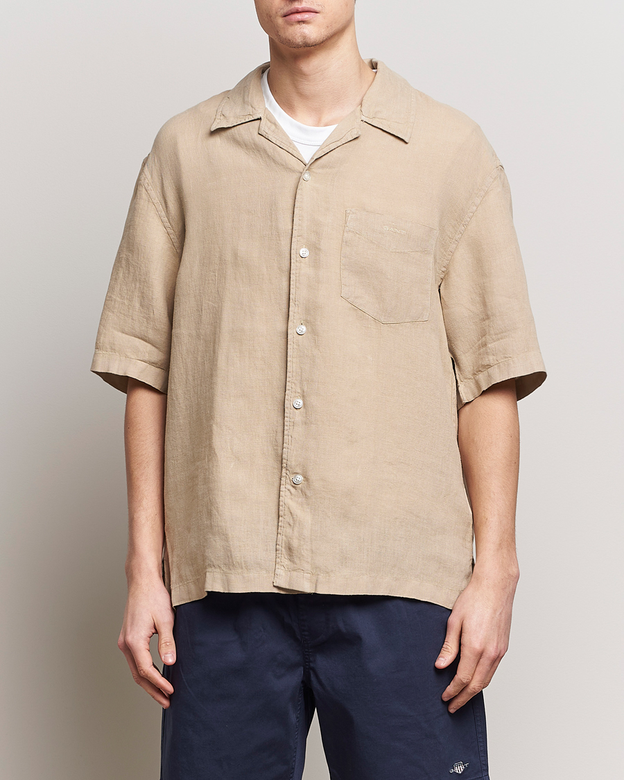 Herren | Hemden | GANT | Relaxed Fit Linen Resort Short Sleeve Shirt Concrete Beige