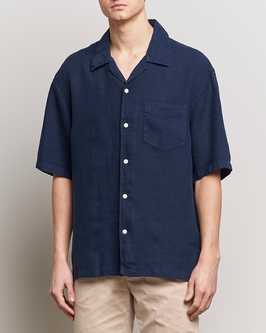 Herren | Treue-Rabatt für Stammkunden | GANT | Relaxed Fit Linen Resort Short Sleeve Shirt Marine