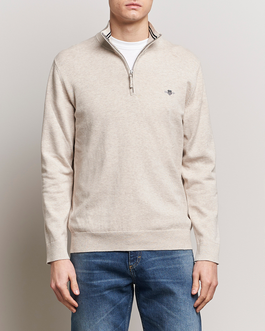 Herren | Pullover | GANT | Classic Cotton Half Zip Light Beige Melange