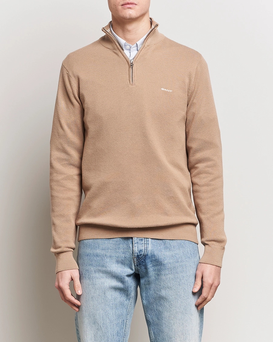 Herren | Sale | GANT | Cotton Pique Half-Zip Sweater Dark Khaki