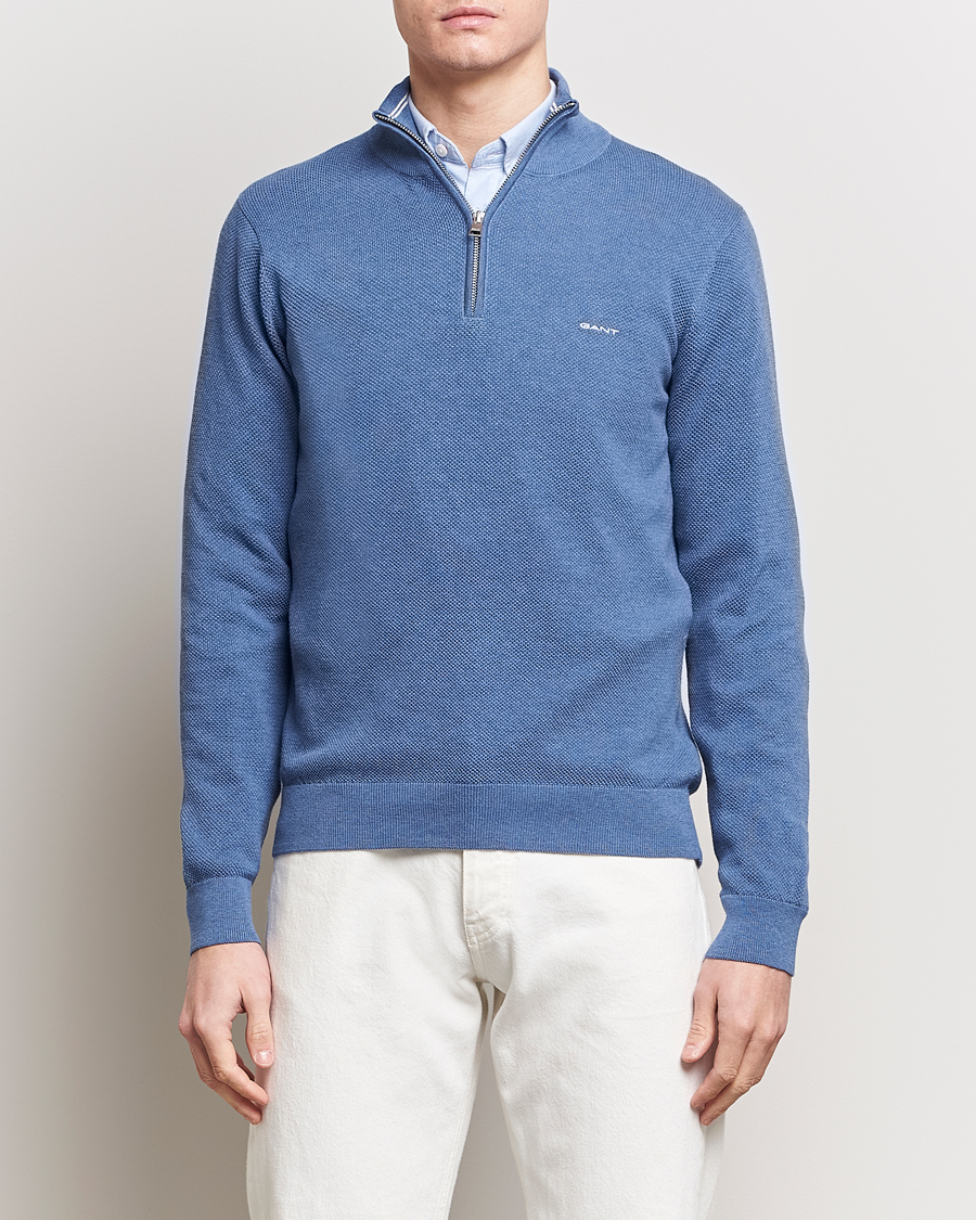 Men |  | GANT | Cotton Pique Half-Zip Sweater Denim Blue Melange