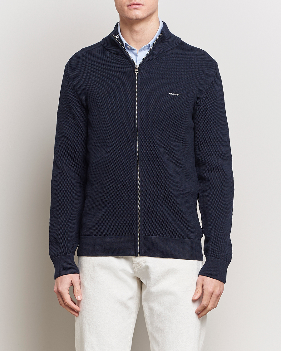 Herren | Sale kleidung | GANT | Cotton Pique Full-Zip Sweater Evening Blue