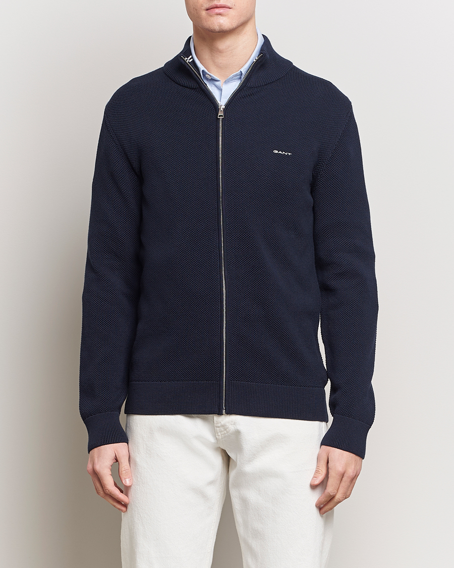 Herr | GANT | GANT | Cotton Pique Full-Zip Sweater Evening Blue