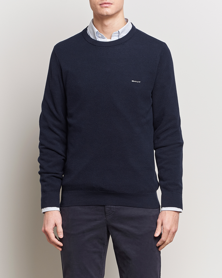Herren | Pullover | GANT | Cotton Pique Crew Neck Sweater Evening Blue