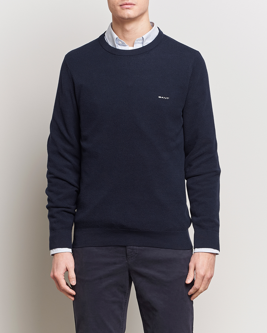 Herren | GANT | GANT | Cotton Pique Crew Neck Sweater Evening Blue