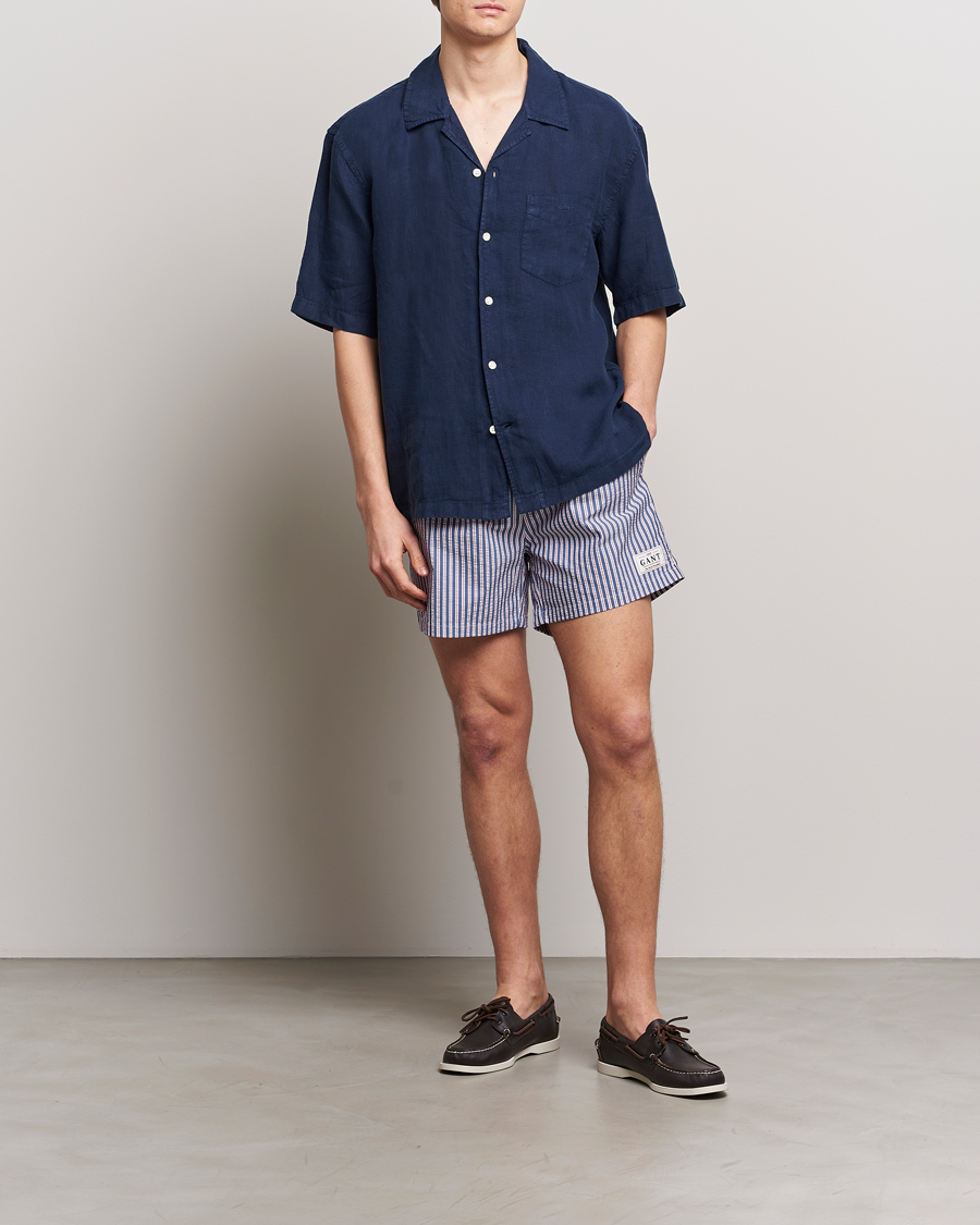 Herren | Badehosen | Gant | Striped Seersucker Swimshorts Deep Blue