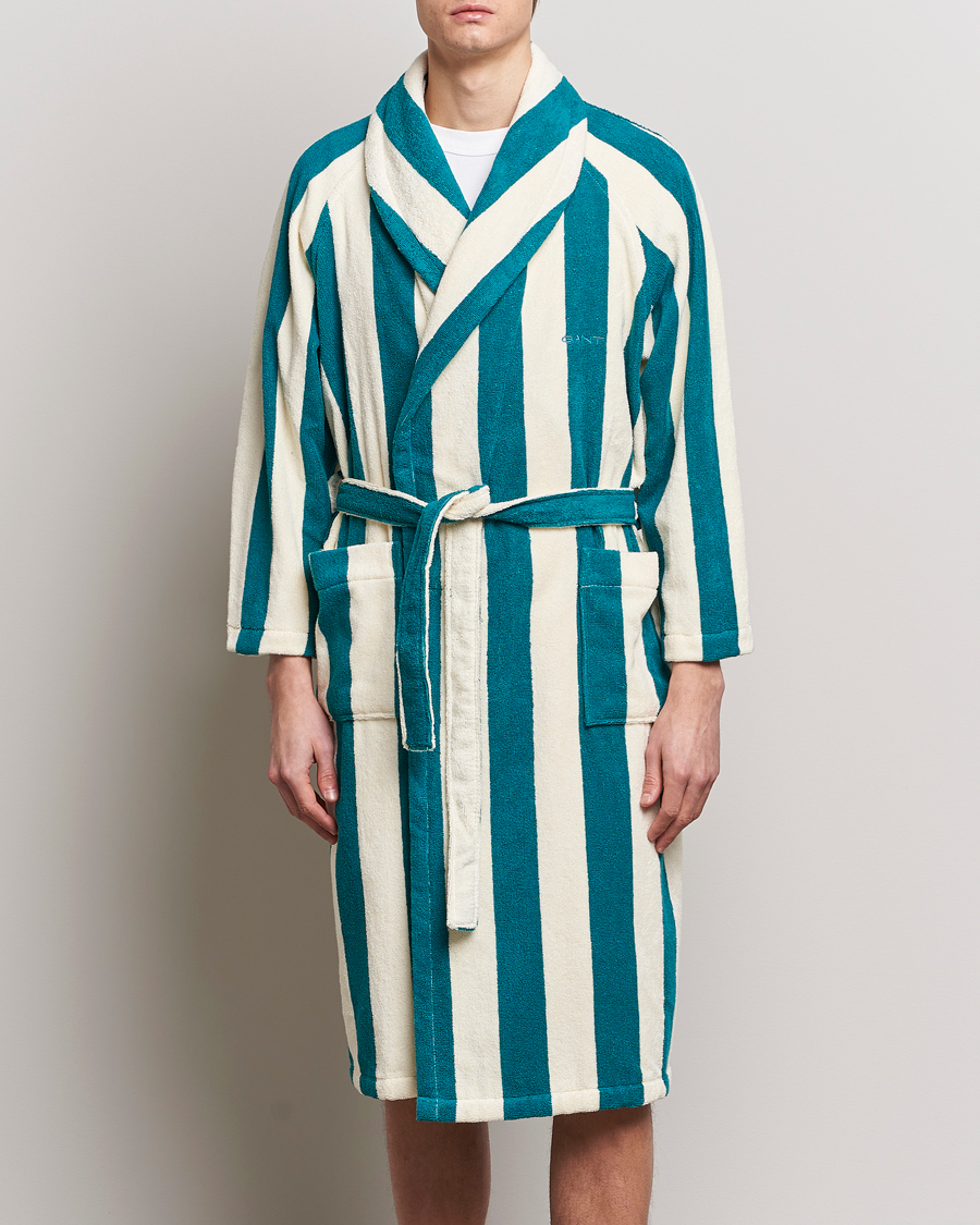 Men | Pyjamas & Robes | GANT | Striped Robe Ocean Turquoise/White