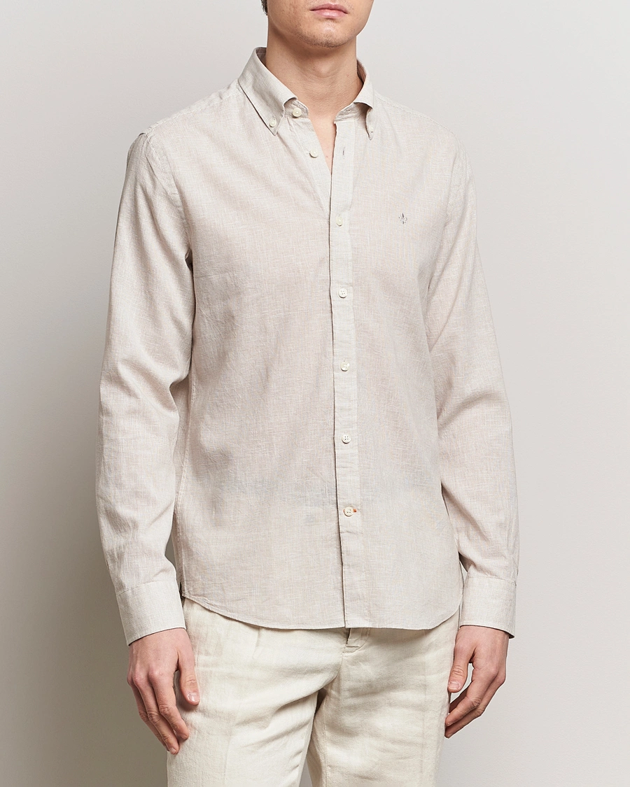 Herren | Leinenhemden | Morris | Slim Fit Linen Check Shirt Khaki