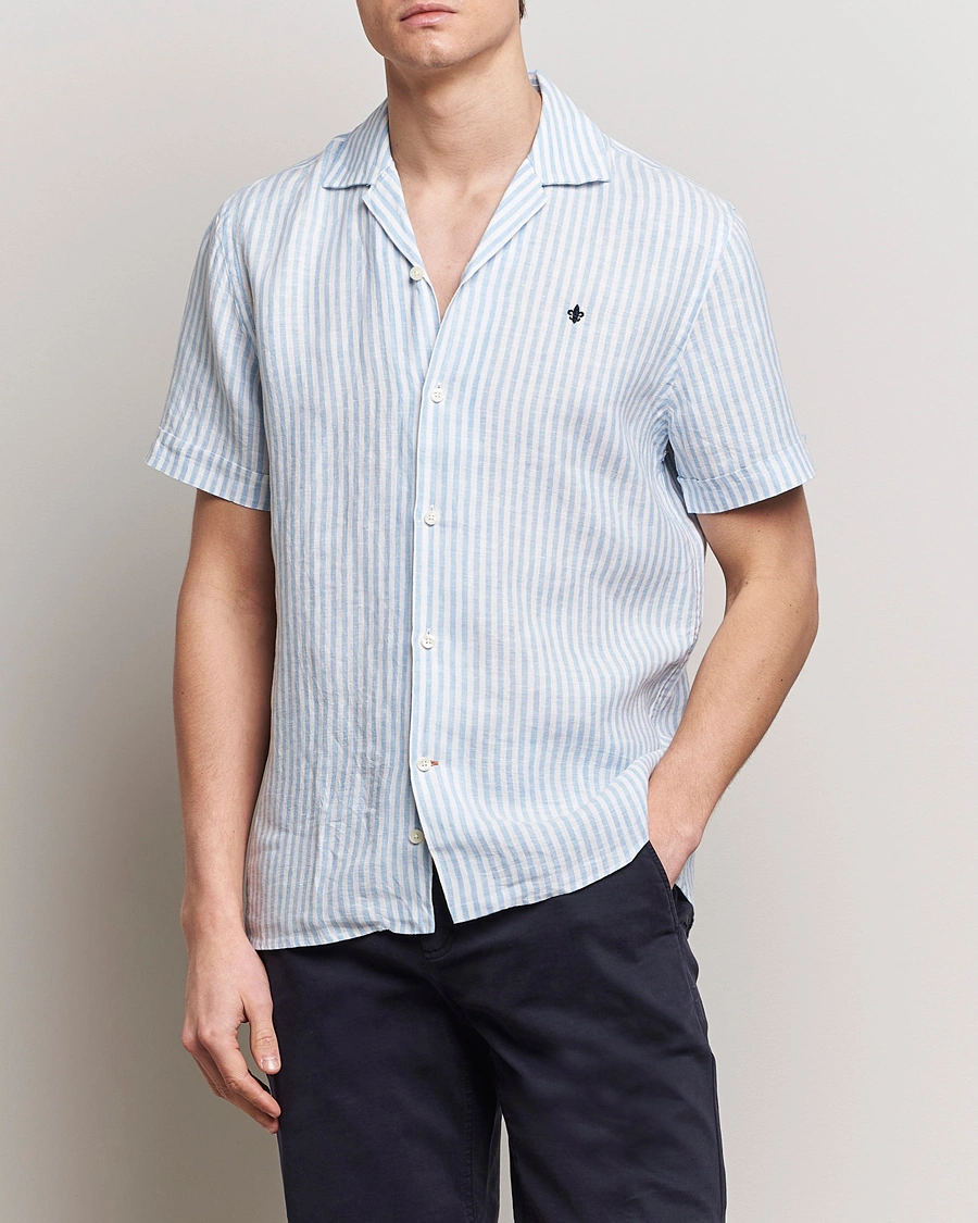 Herren | Freizeithemden | Morris | Striped Resort Linen Short Sleeve Shirt Light Blue