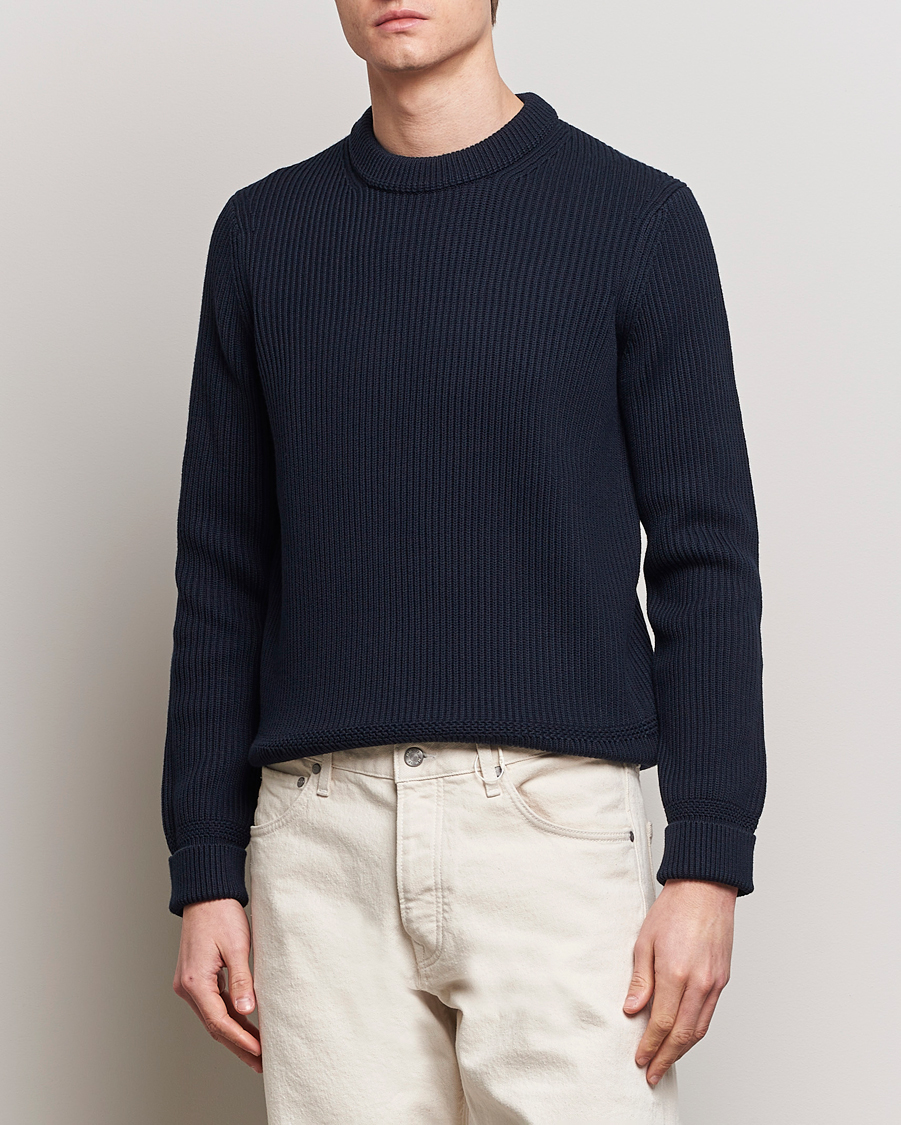 Herren |  | Morris | Arthur Navy Cotton/Merino Knitted Sweater Navy