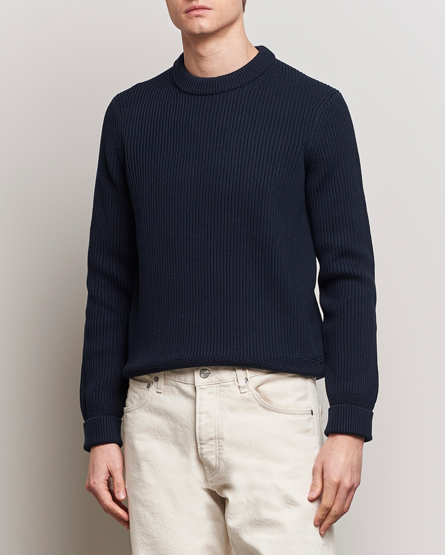 Herr |  | Morris | Arthur Navy Cotton/Merino Knitted Sweater Navy