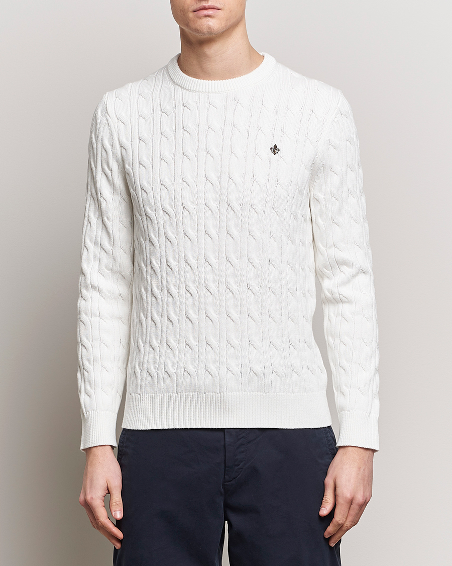 Herren | Pullover | Morris | Ethan Cotton Cable Crew Neck Off White