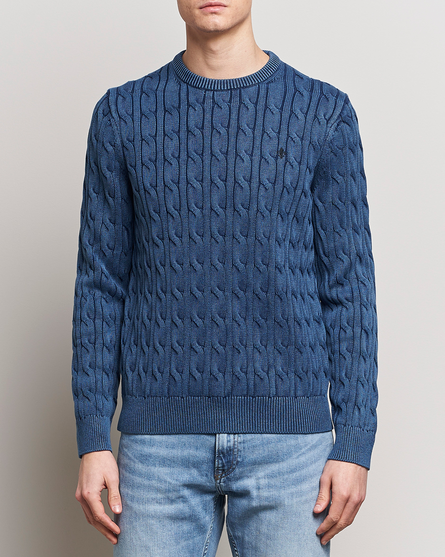 Men | Knitted Jumpers | Morris | Ethan Cotton Cable Crew Neck Blue