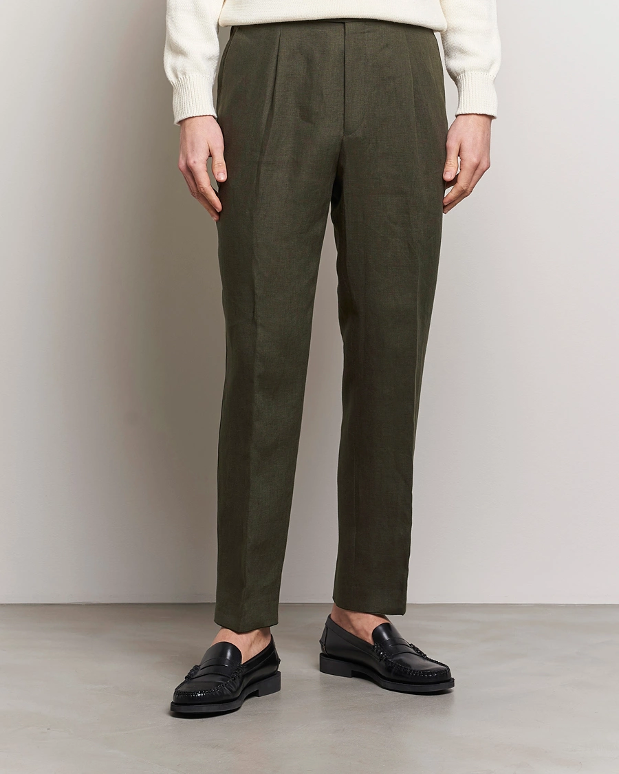Men |  | Oscar Jacobson | Delon Linen Trousers Olive