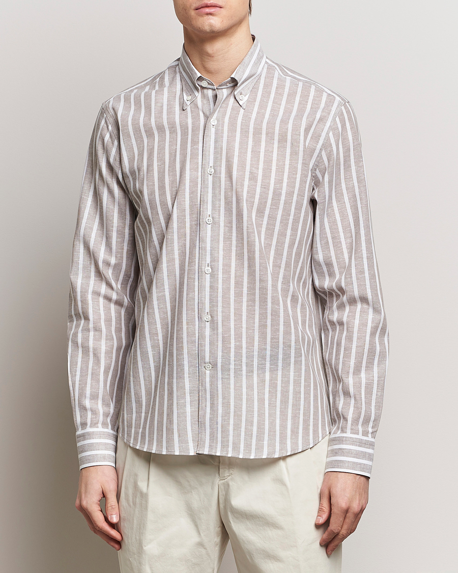 Herren | Hemden | Oscar Jacobson | Regular Fit Striped Linen Shirt Brown