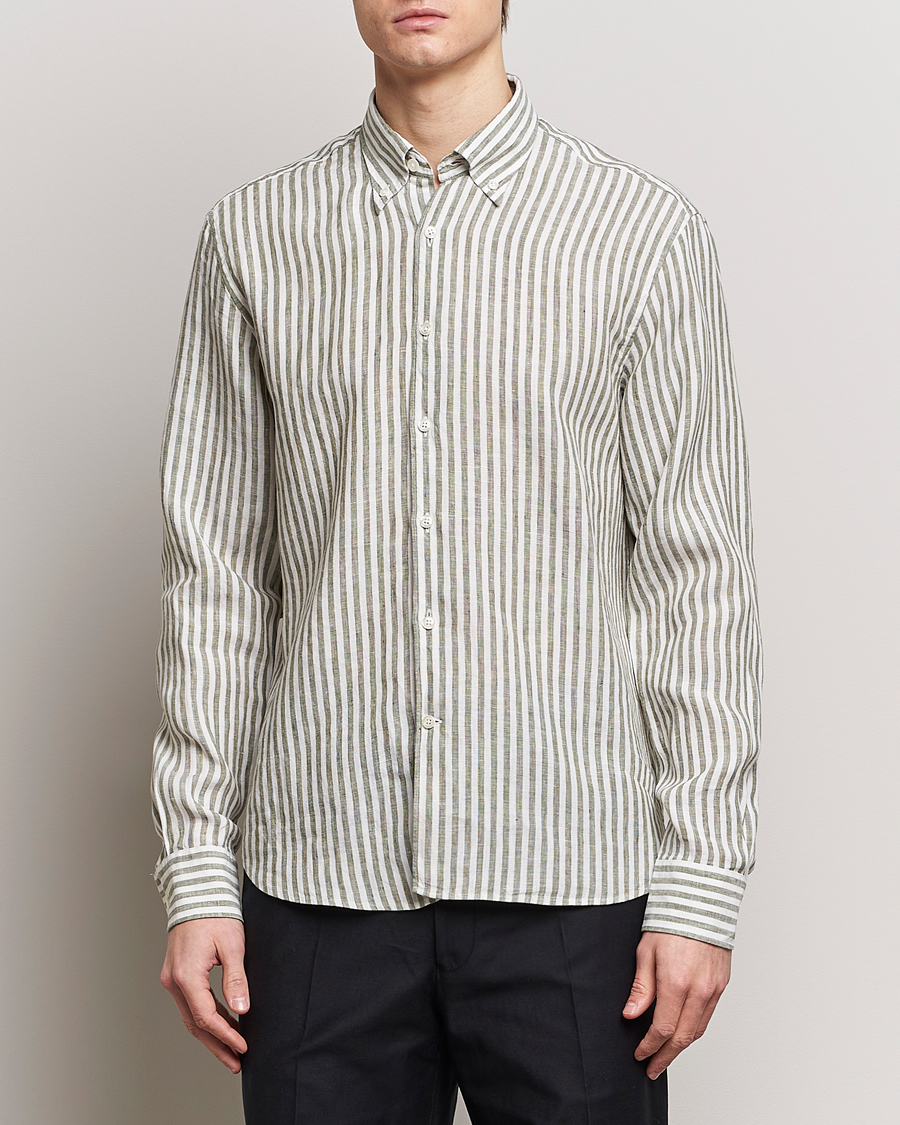 Herren | Hemden | Oscar Jacobson | Regular Fit Dress Stripe Linen Shirt Green
