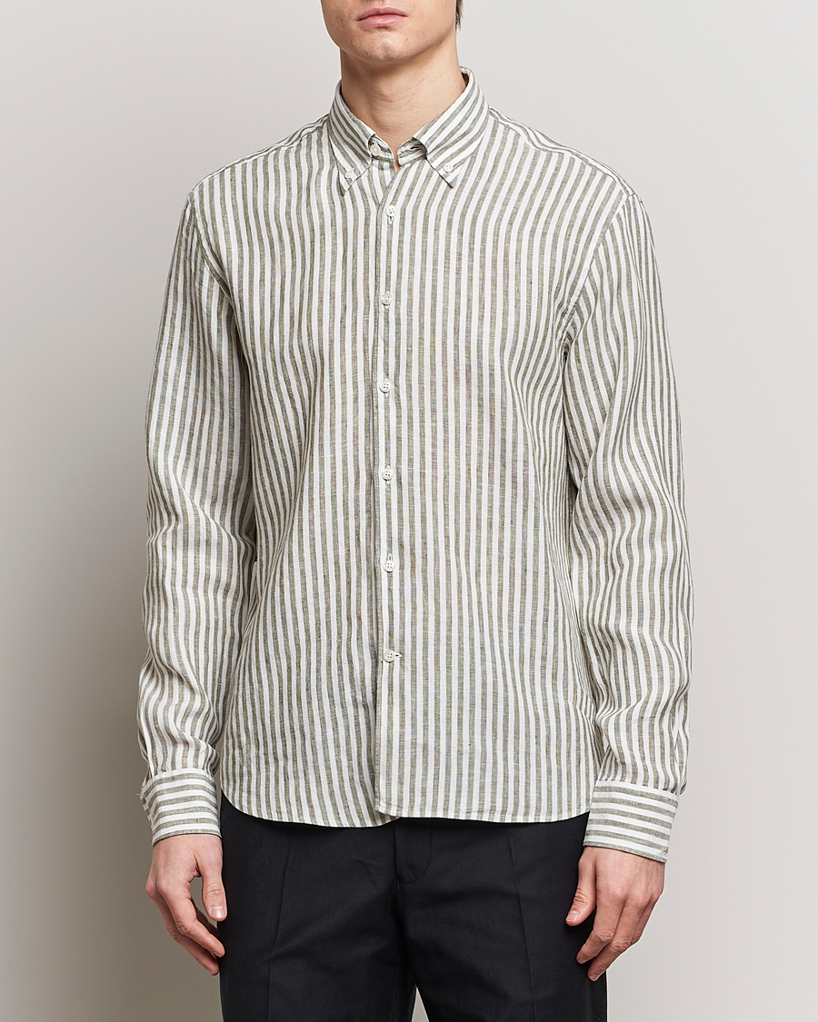 Herren | Freizeithemden | Oscar Jacobson | Regular Fit Dress Stripe Linen Shirt Green