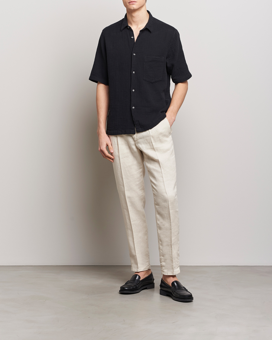 Herren | Hemden | Oscar Jacobson | Short Sleeve City Crepe Cotton Shirt Black