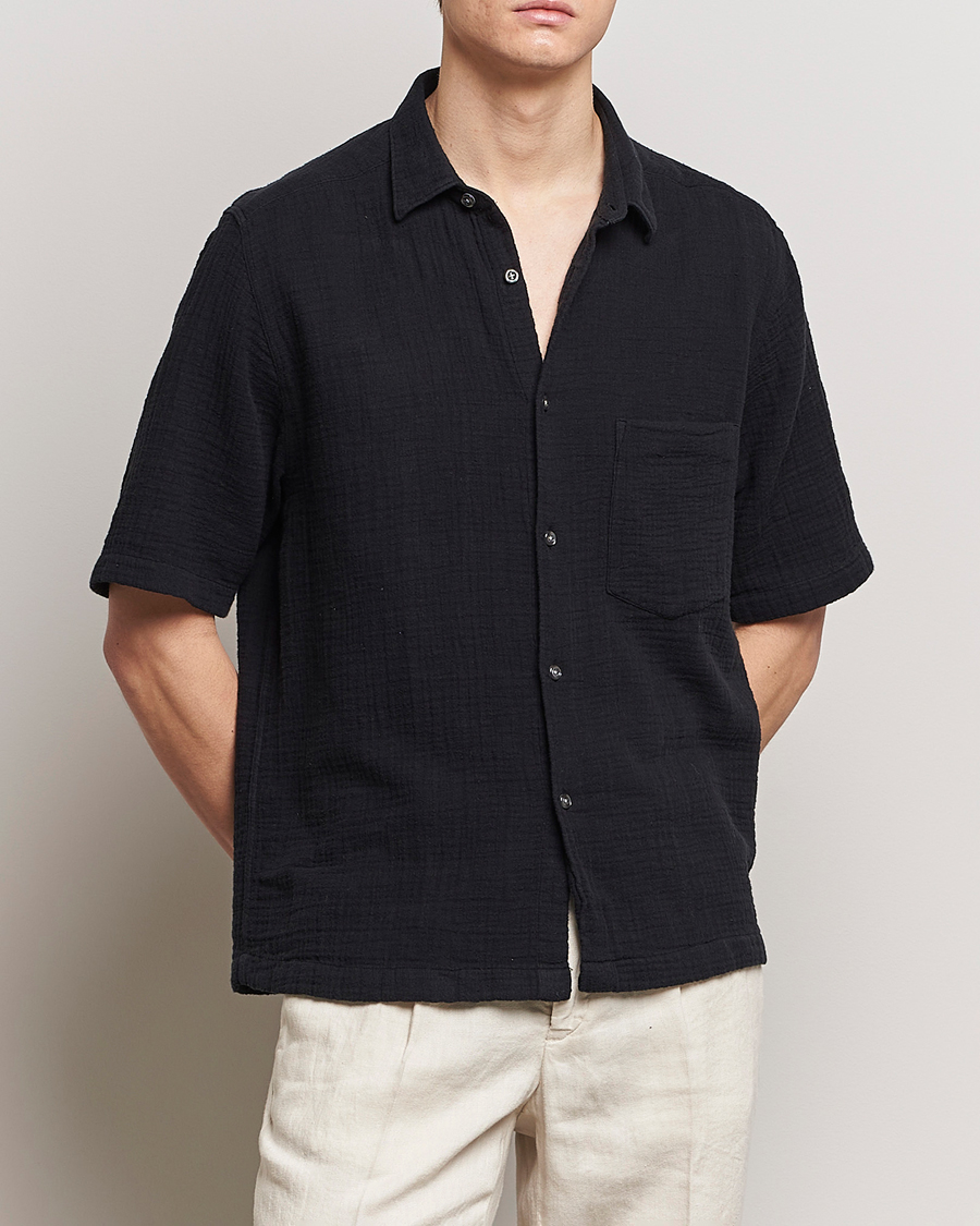 Herren | Kurzarmhemden | Oscar Jacobson | Short Sleeve City Crepe Cotton Shirt Black