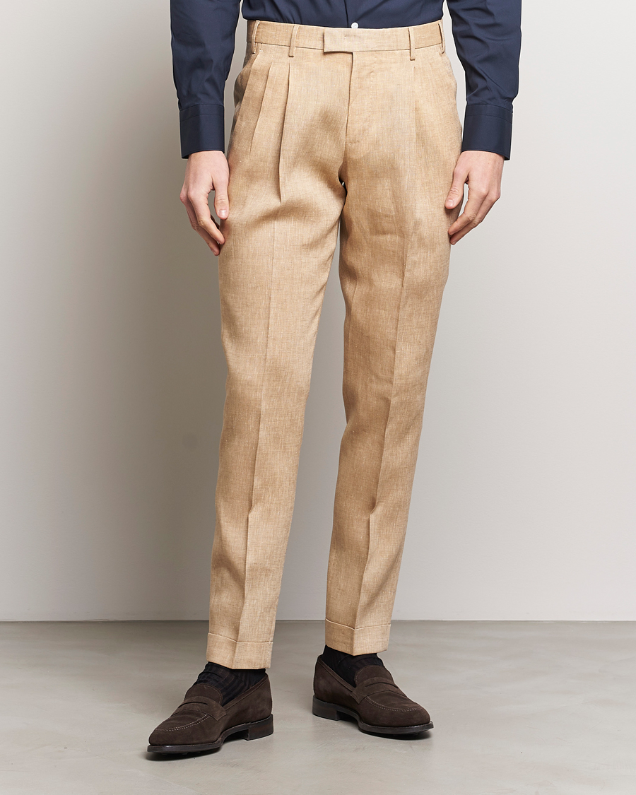 Herren |  | PT01 | Slim Fit Pleated Linen Trousers Light Beige