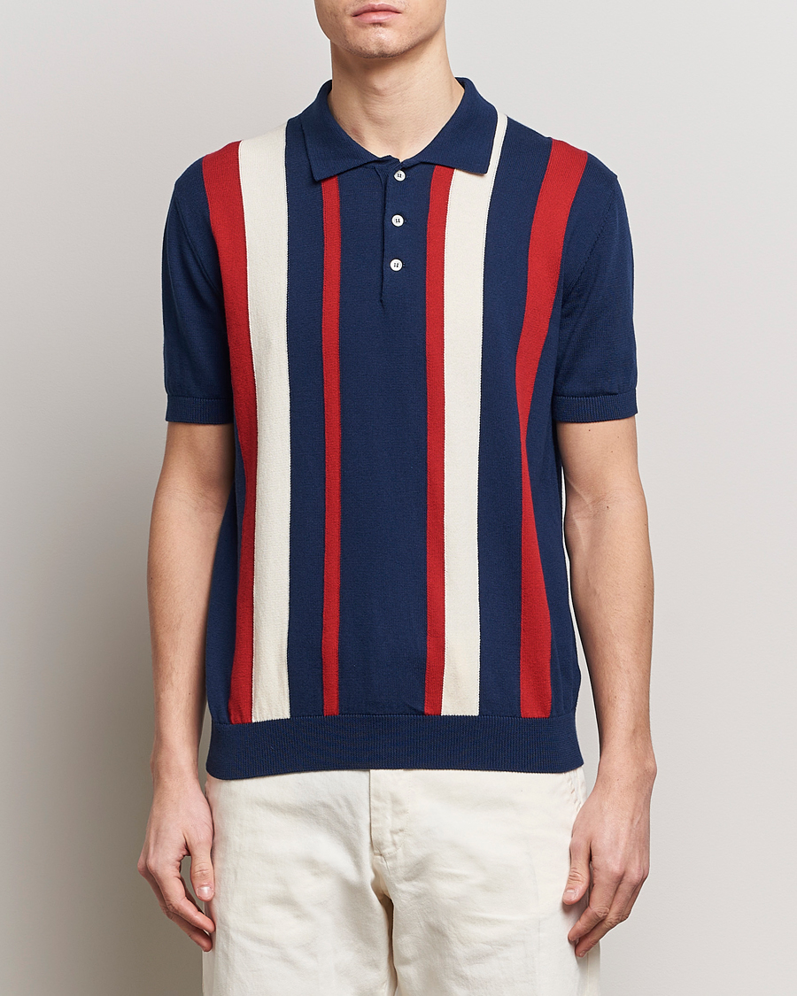 Herr | Best of British | Baracuta | Stripe Knitted Short Sleeve Polo Navy