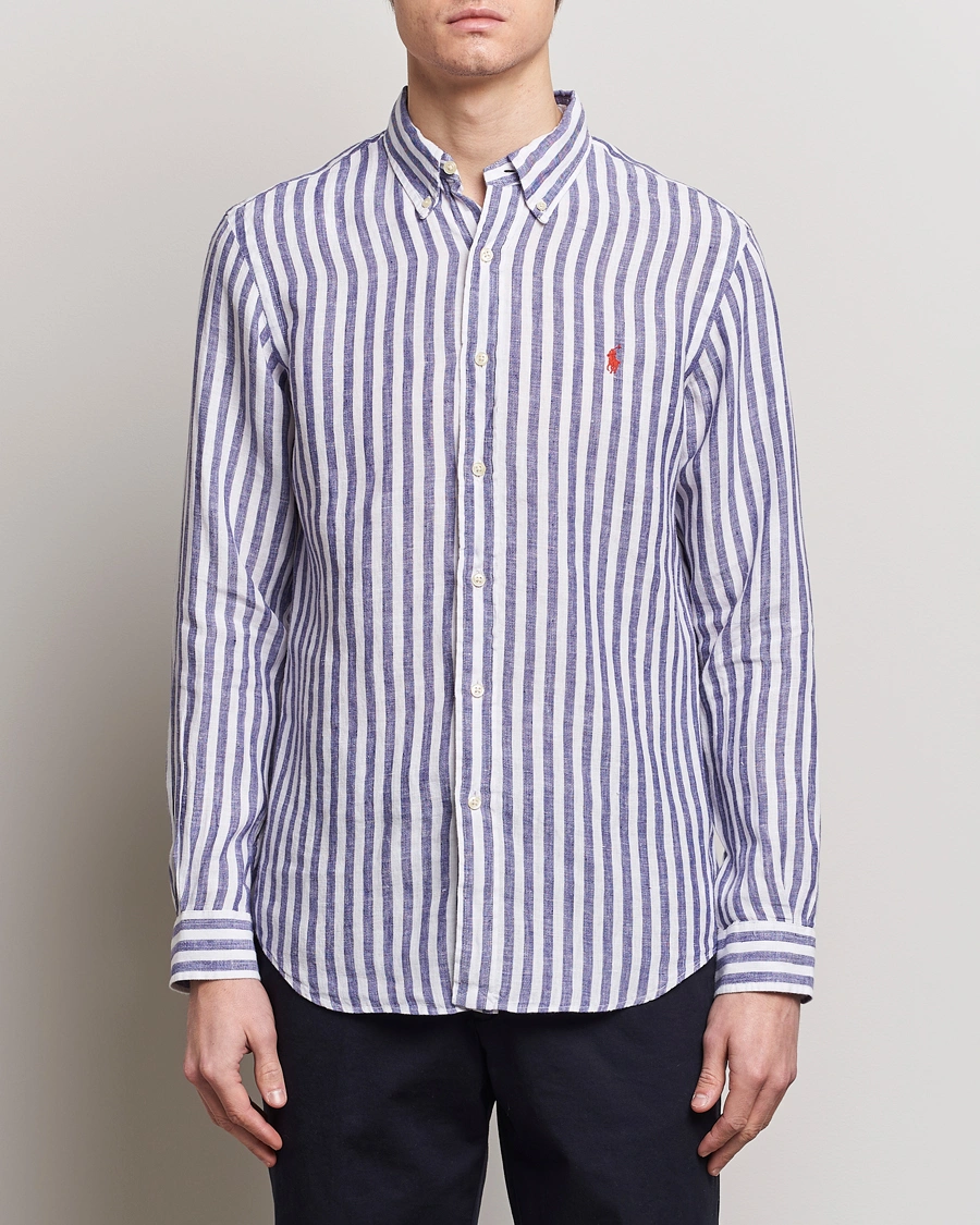 Herr |  | Polo Ralph Lauren | Custom Fit Striped Linen Shirt Blue/White