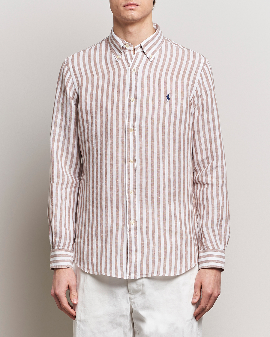 Herren | Leinenhemden | Polo Ralph Lauren | Custom Fit Striped Linen Shirt Khaki/White