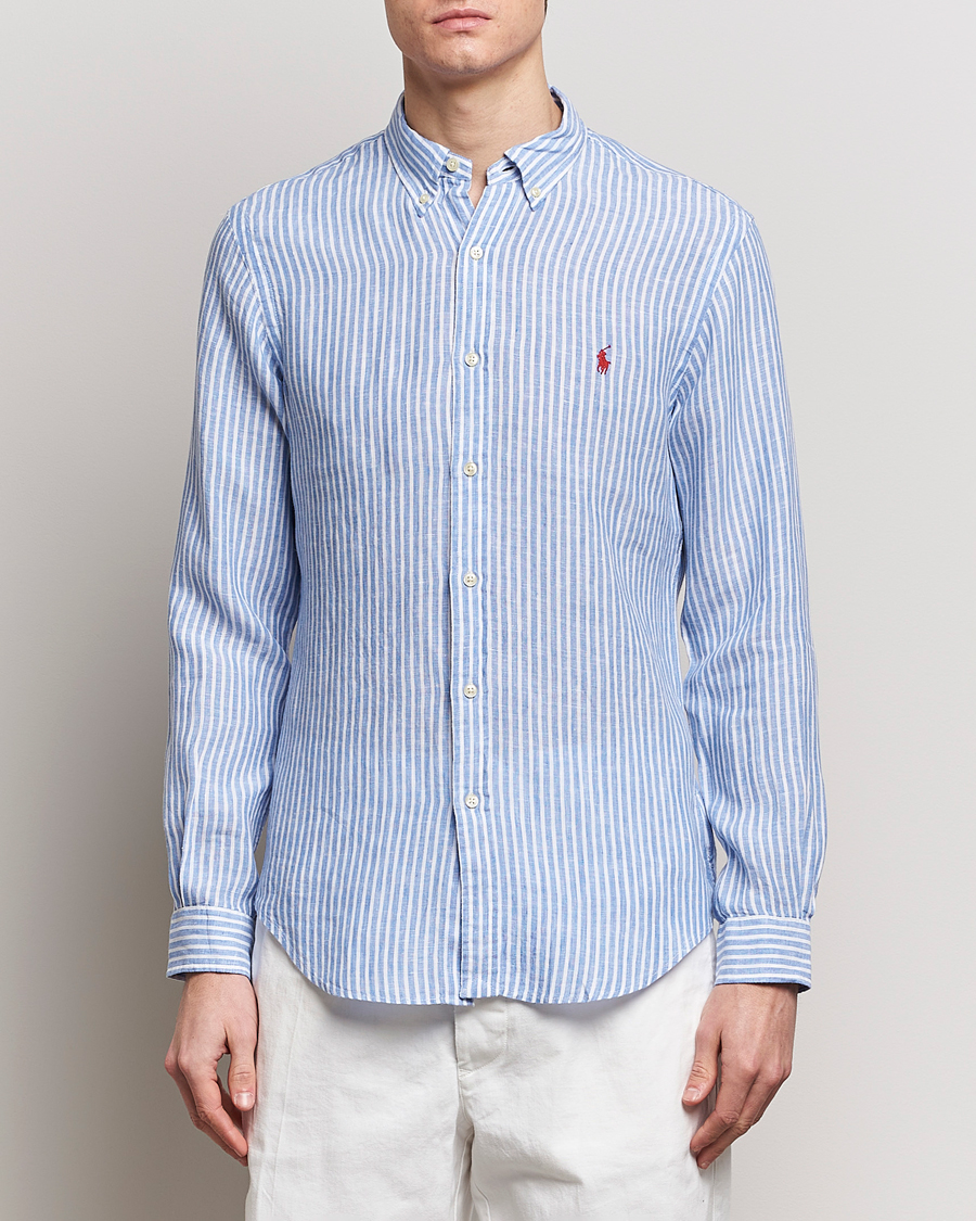 Herren | Leinenhemden | Polo Ralph Lauren | Slim Fit Striped Button Down Linen Shirt Blue/White