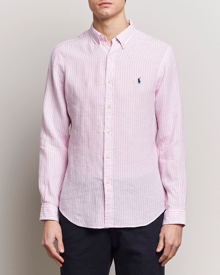 Herr |  | Polo Ralph Lauren | Slim Fit Striped Button Down Linen Shirt Pink/White