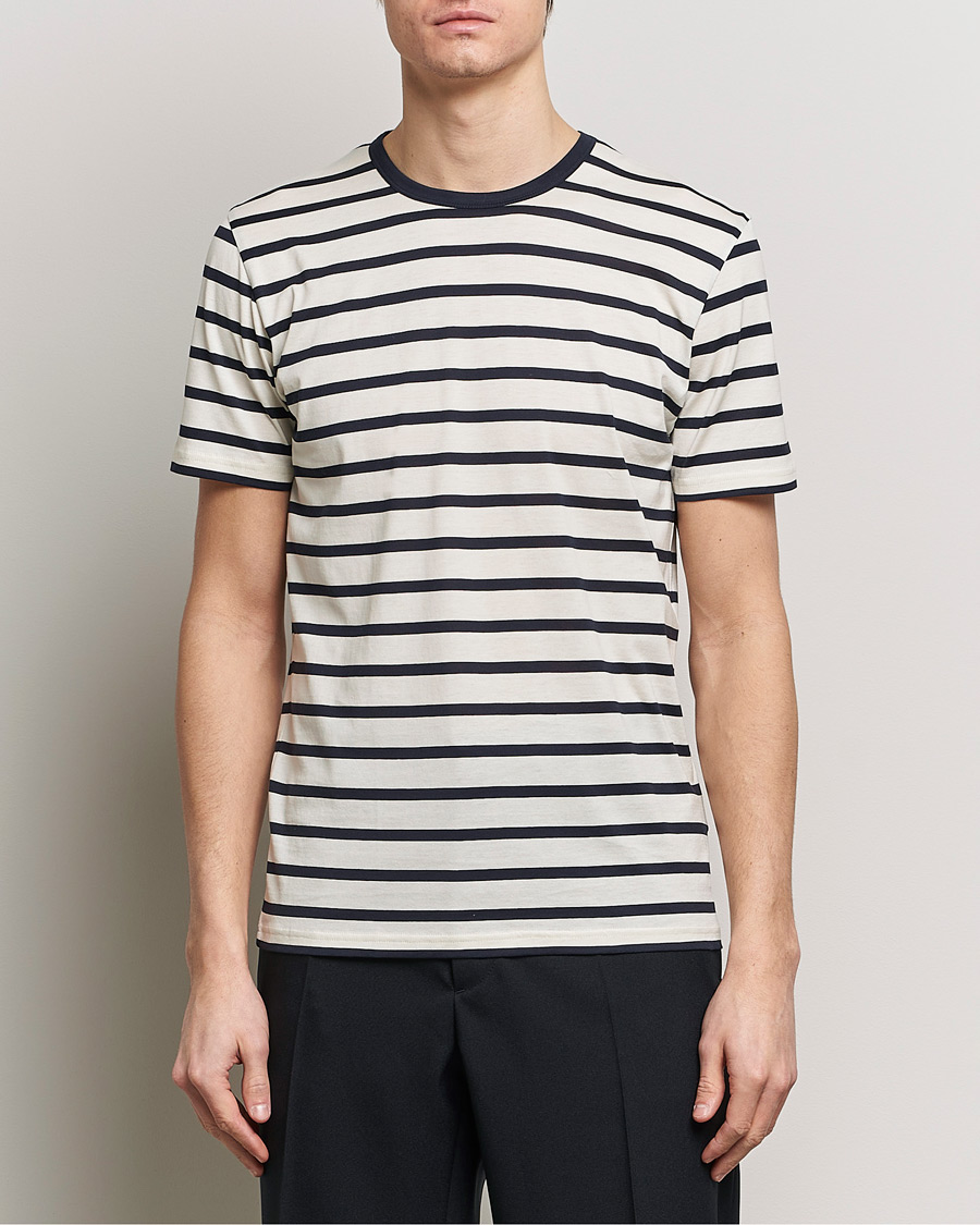 Herren |  | Sunspel | Striped Crew Neck Cotton Tee Ecru/Navy