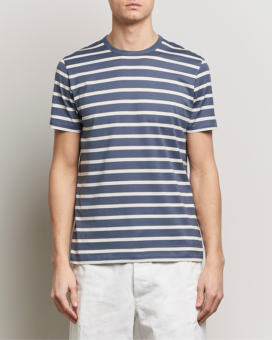Herren | Kurzarm T-Shirt | Sunspel | Striped Crew Neck Cotton Tee Slate Blue