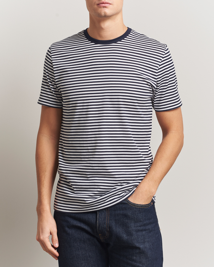 Herren | T-Shirts | Sunspel | Striped Crew Neck Q82 Cotton T-Shirt White/Navy