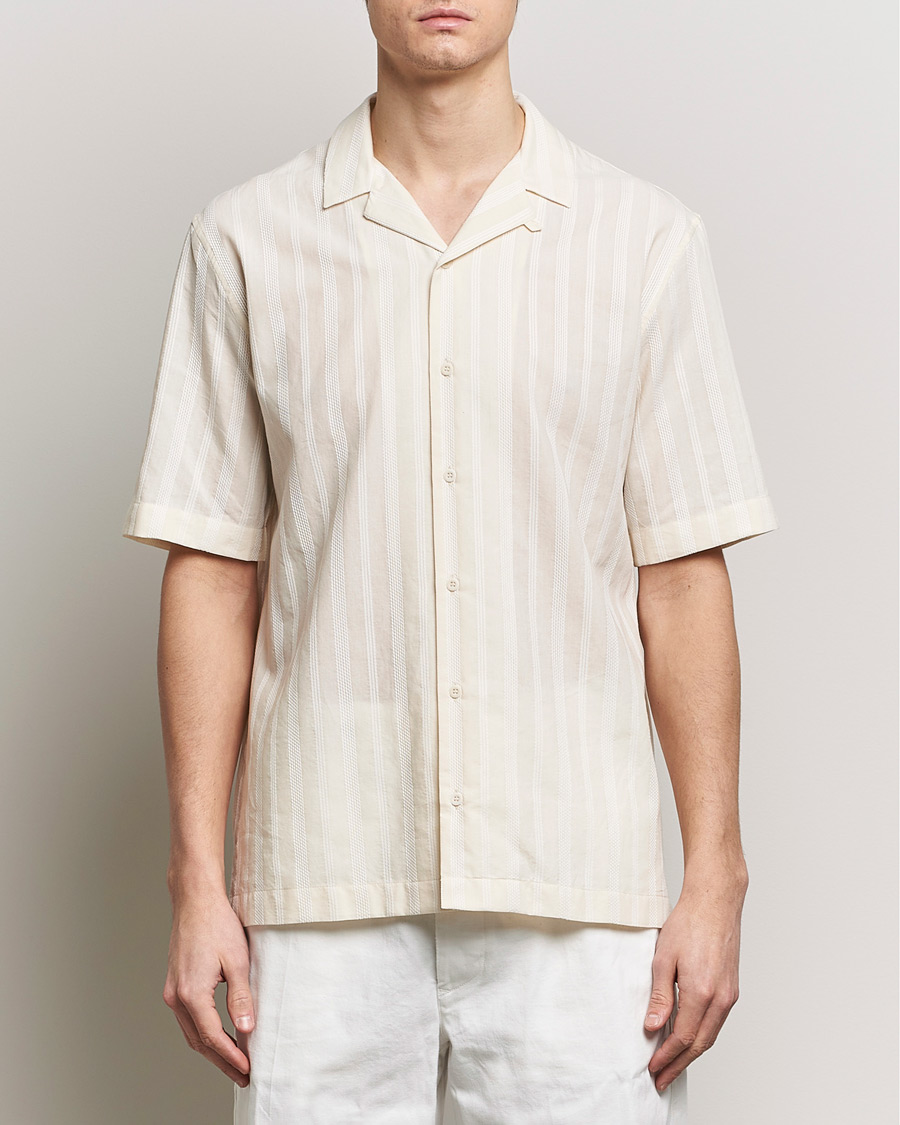 Herren | Freizeithemden | Sunspel | Embroidered Striped Short Sleeve Shirt Ecru