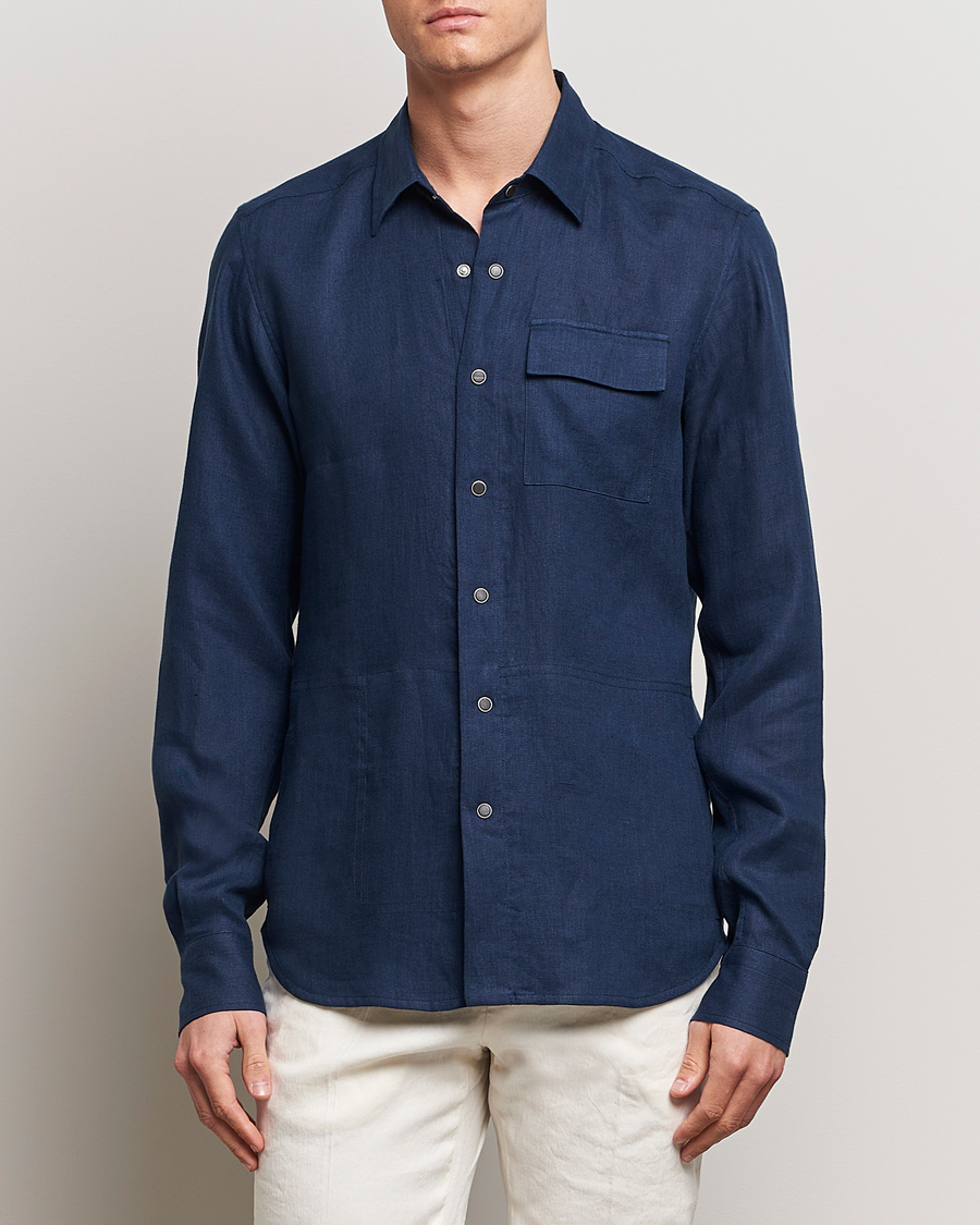Herren | Hemdjacke | Kiton | Pure Linen Overshirt Dark Blue