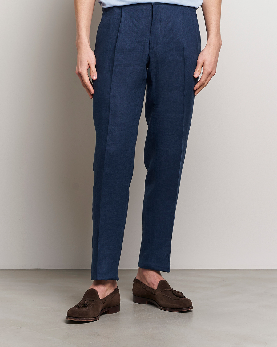 Herr | Linnebyxor | Kiton | Pure Linen Drawstring Trousers Dark Blue