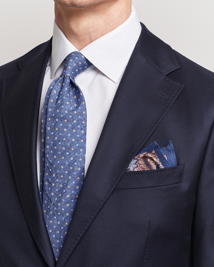 Herren | Business Casual | Amanda Christensen | Box Set Printed Linen 8cm Tie With Pocket Square Navy