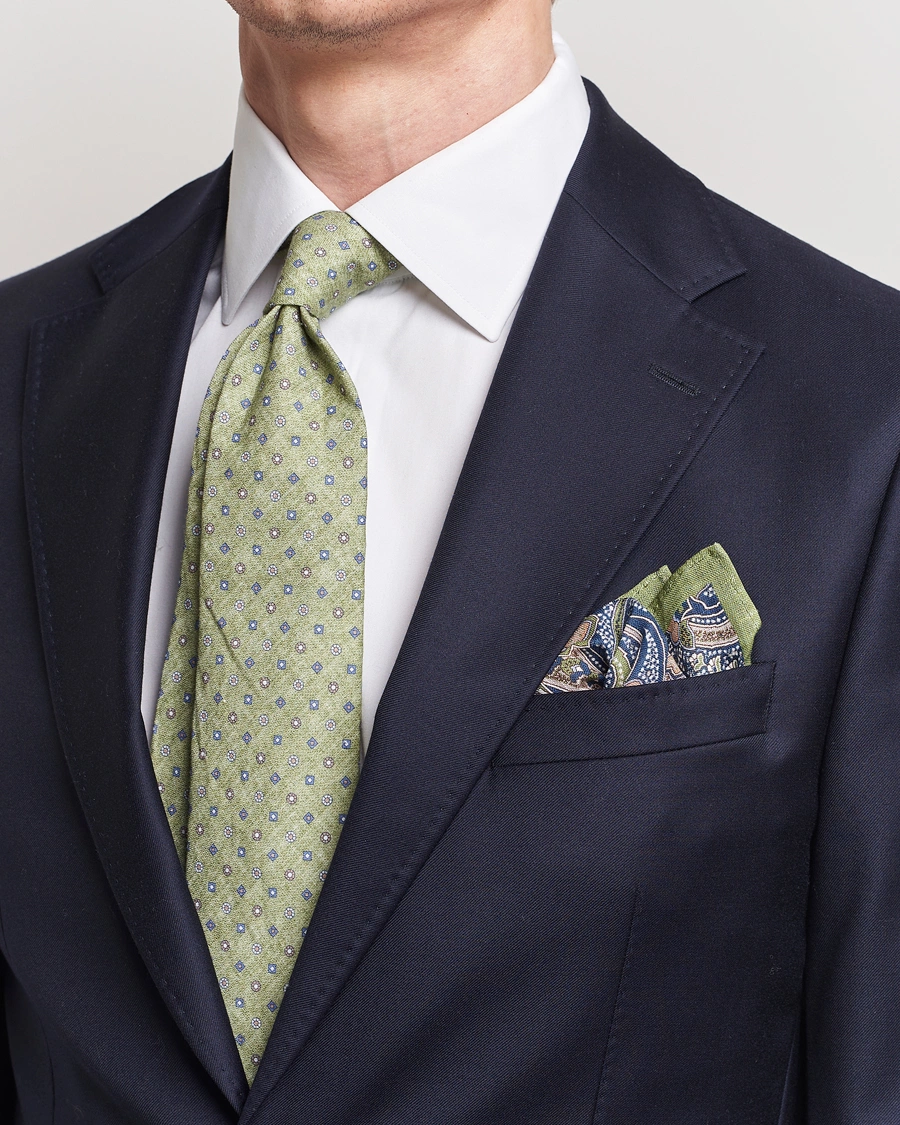 Herren | Krawatten | Amanda Christensen | Box Set Printed Linen 8cm Tie With Pocket Square Green