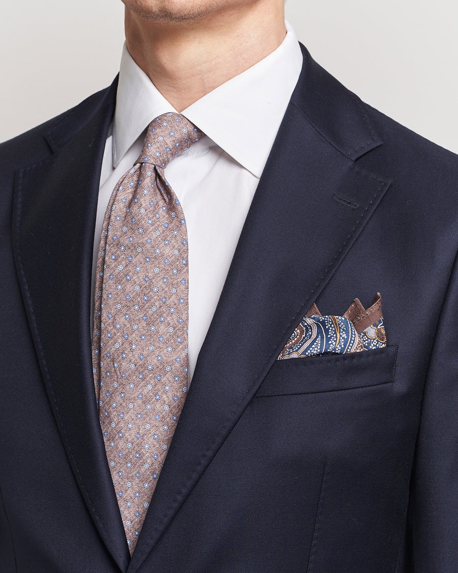 Herren | Business & Beyond | Amanda Christensen | Box Set Printed Linen 8cm Tie With Pocket Square Brown