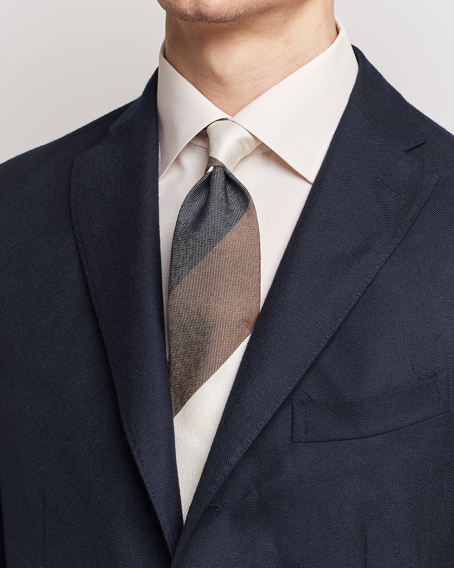 Men |  | Amanda Christensen | Silk Bouclé Block Striped 8cm Tie White/Blue/Brown