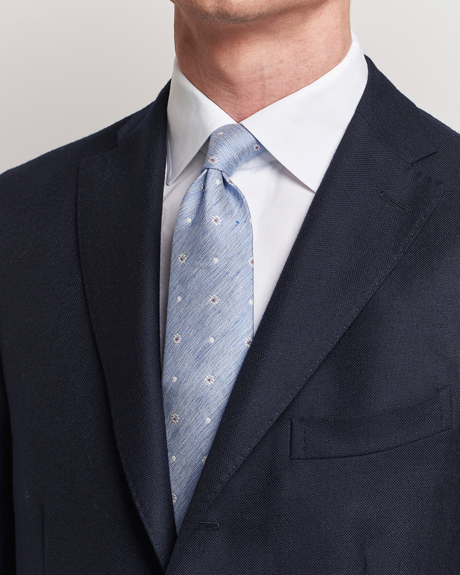 Herren | Krawatten | Amanda Christensen | Cotton/Silk/Linen Printed Flower 8cm Tie Blue