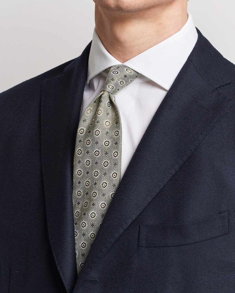 Herren | Krawatten | Amanda Christensen | Linen/Silk Printed Flower 8cm Tie Green